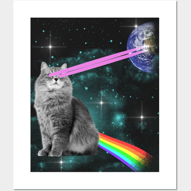 Outer Space Kitty Cat Laser Eyes Rainbow Earth Wall Art by JakeRhodes